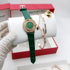 Women's Diamond Stone Strap Watch with Bracelet & Ring