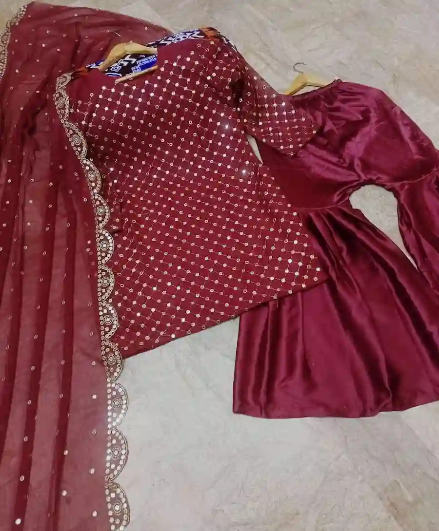 Women's Stitched Fancy Sequins Embroidered 3Pcs Suit | Cutwork Dupatta with Garara - Image 2