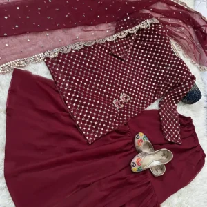 Women's Stitched Fancy Sequins Embroidered 3Pcs Suit | Cutwork Dupatta with Garara