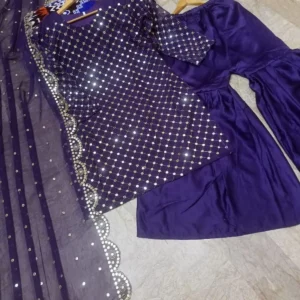 Women's Stitched Fancy Sequins Embroidered 3Pcs Suit | Cutwork Dupatta with Garara