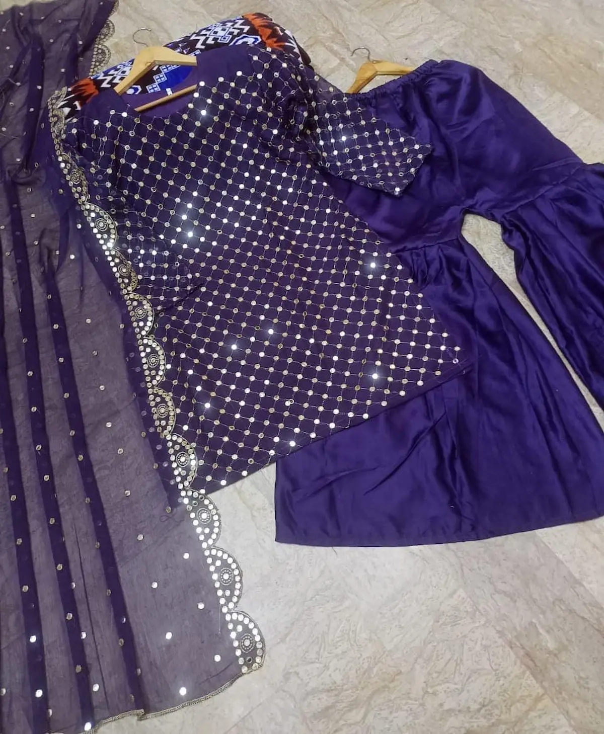 Women's Stitched Fancy Sequins Embroidered 3Pcs Suit | Cutwork Dupatta with Garara