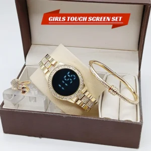 Women's Touch Screen Watch | Diamond Stone Bracelet & Elegant Ring Set