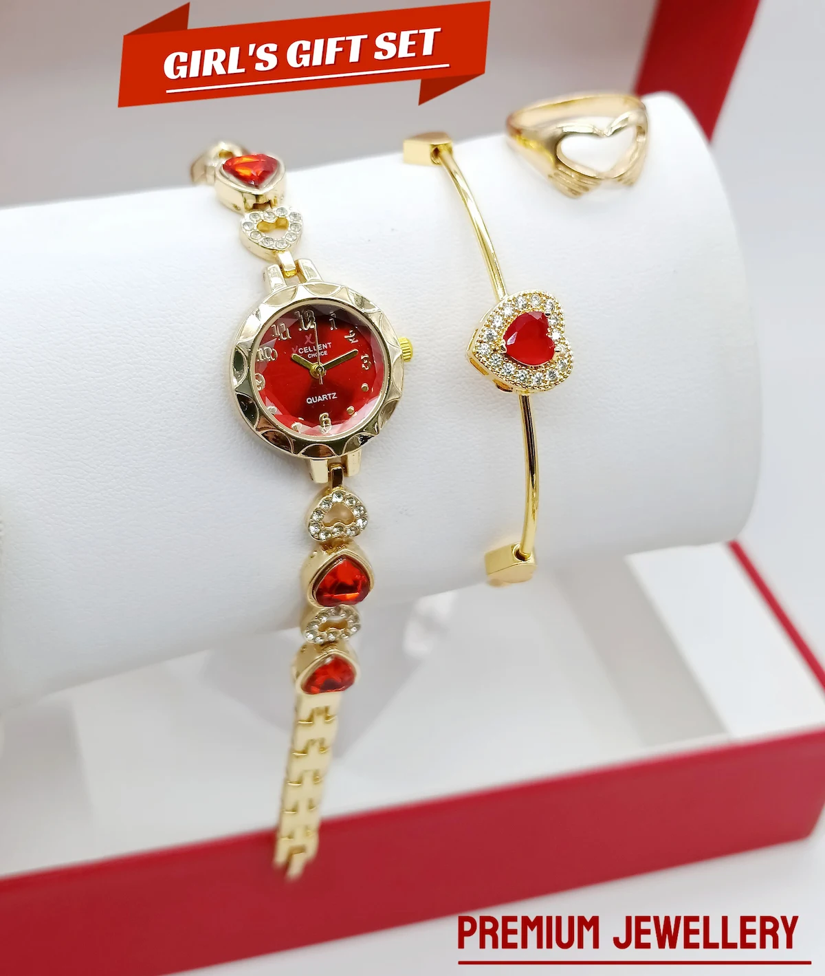 Women's Diamond Stone Jewelry Watch Set | Stone Chain, Zarcon Bracelet & Ring