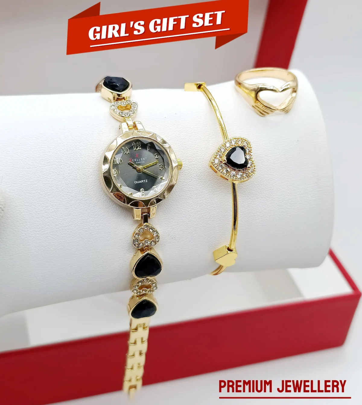 Women's Diamond Stone Jewelry Watch Set | Stone Chain, Zarcon Bracelet & Ring