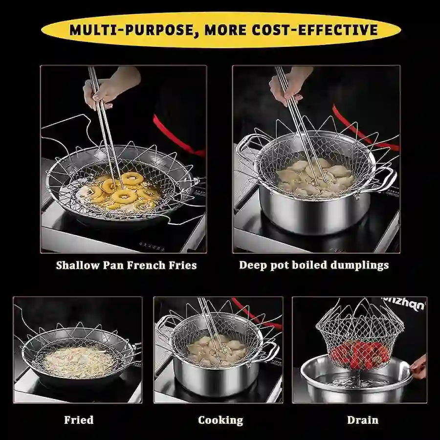 Stainless Steel Foldable Chef Basket | Multi-Functional Kitchen Colander, Steamer, Strainer & Fryer - Image 5